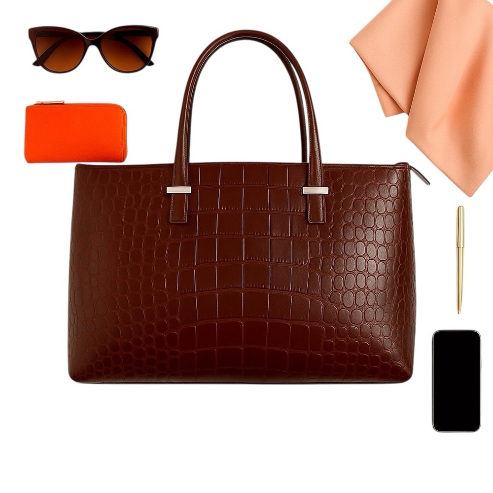 Knomo London Faux Croc Burgundy Laptop Tote Bag 18 x 12 x 6 Structured Chic GUC